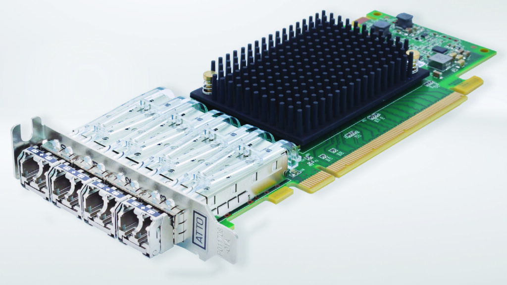 High-performance ATTO Celerity Fibre Channel Host Bus Adapters (HBAs).