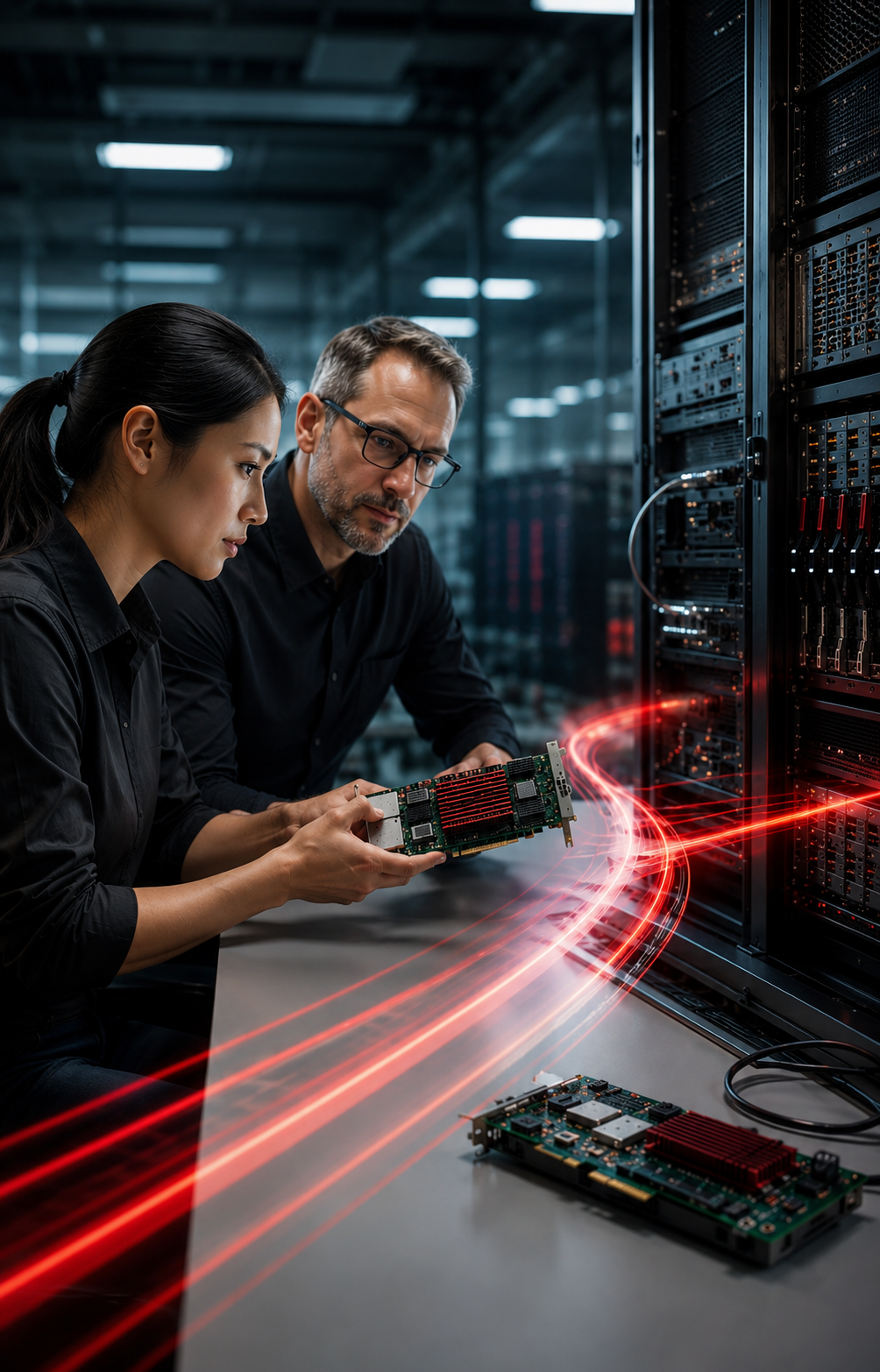 Engineers evaluating high-performance connectivity hardware in a data center.