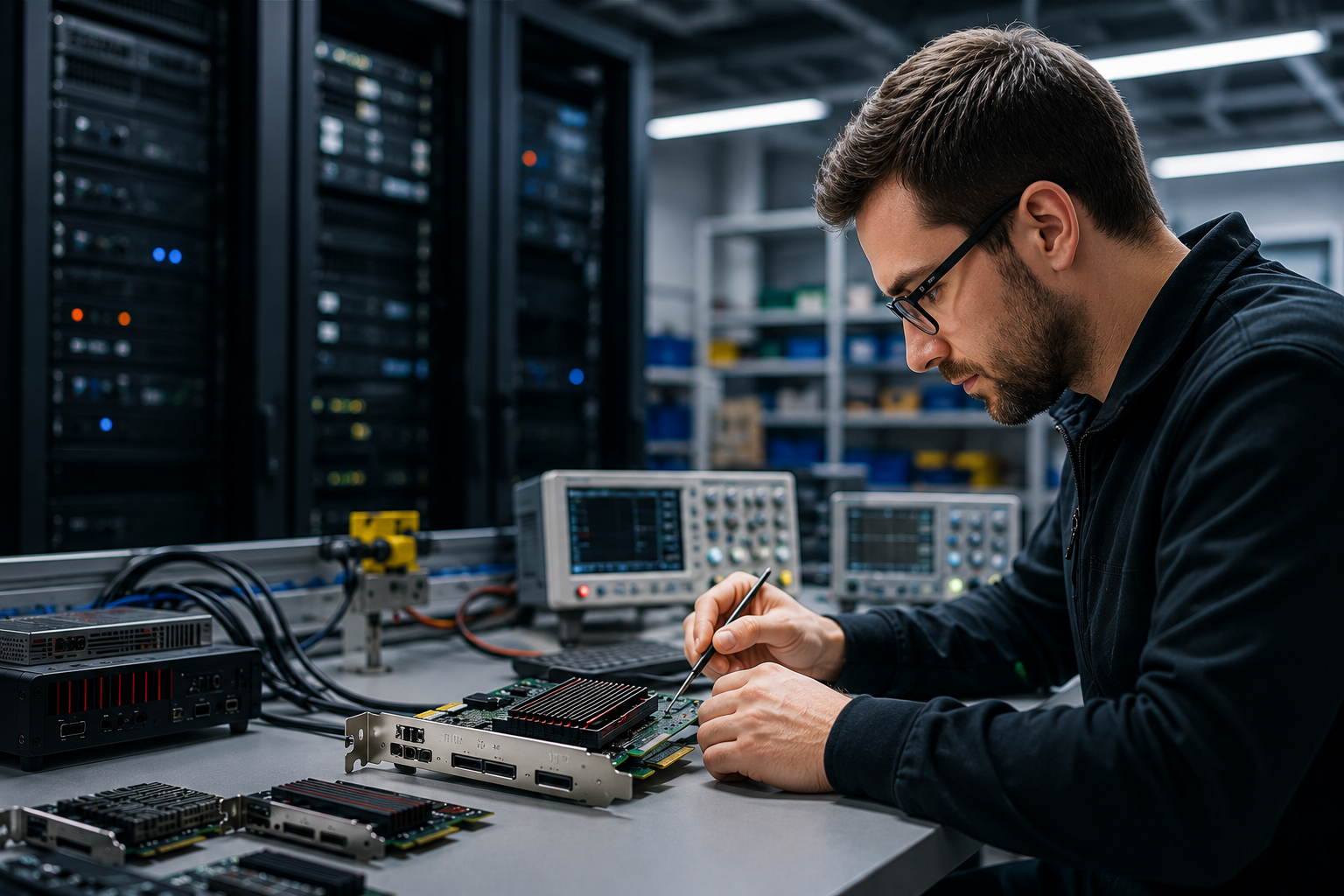 Engineer testing and optimizing high-performance connectivity hardware in a technology laboratory.