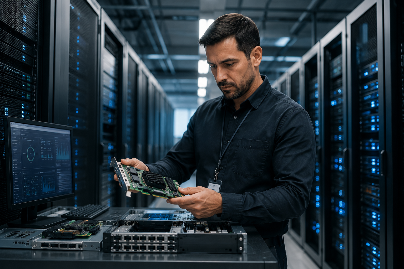 Technology professional evaluating connectivity hardware within a modern data center.